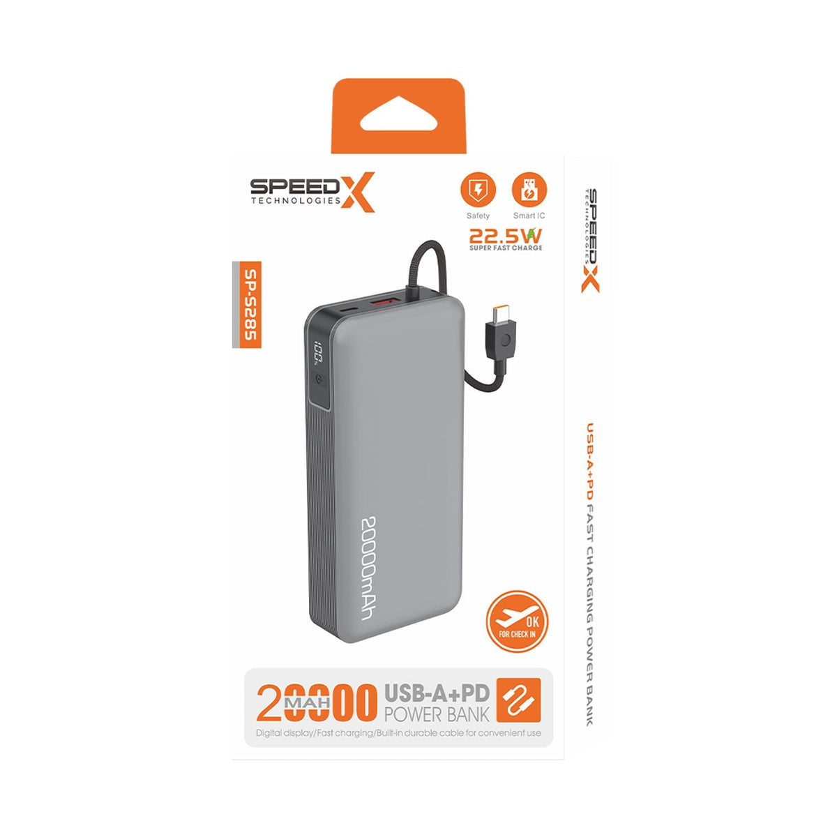 Speedx SP-S285 22.5W 20000mAh Super Fast Charging Power Bank With Built-In Cable