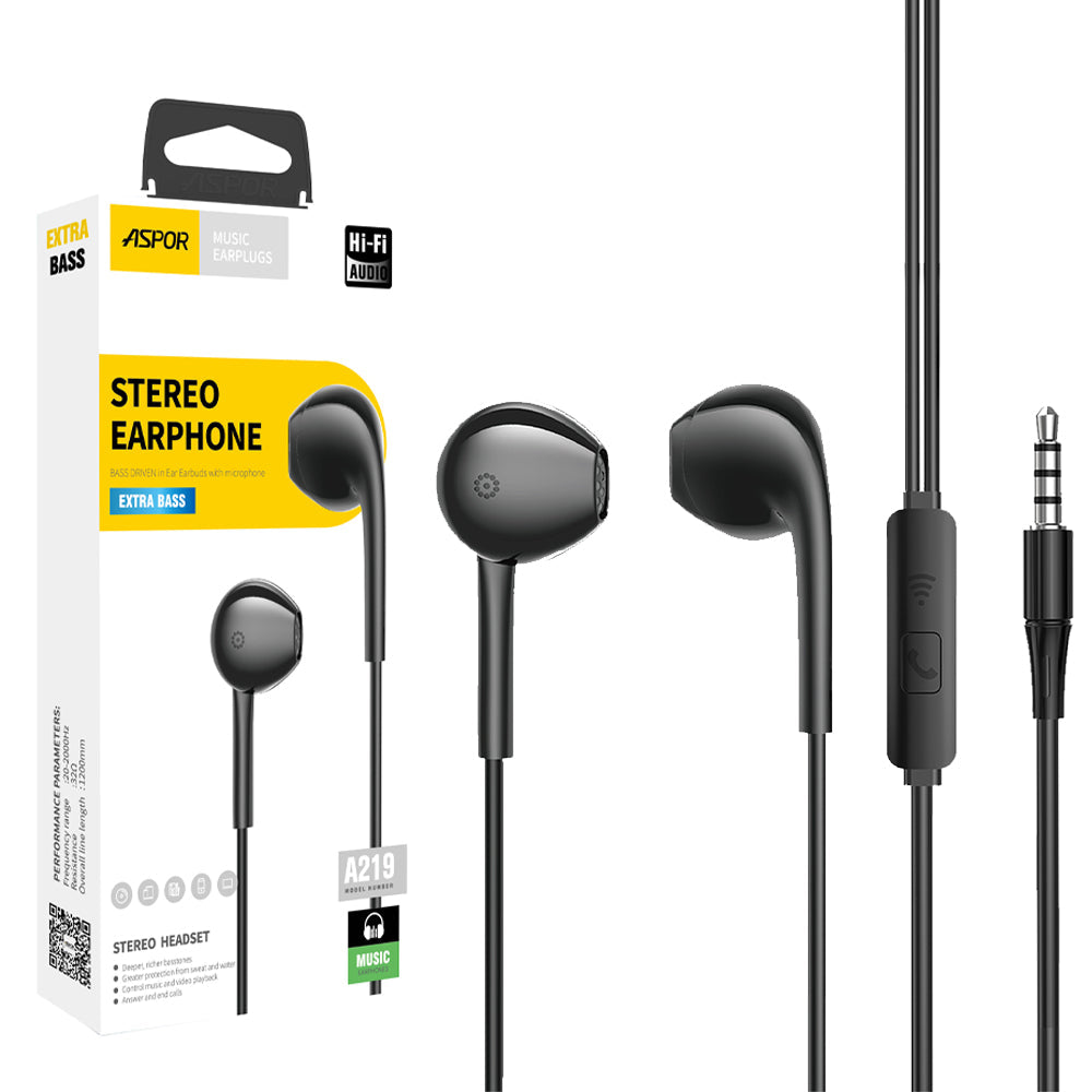 Aspor A219 3.5mm Universal Handsfree Earphone With High Bass And IPX6 Water Resistance