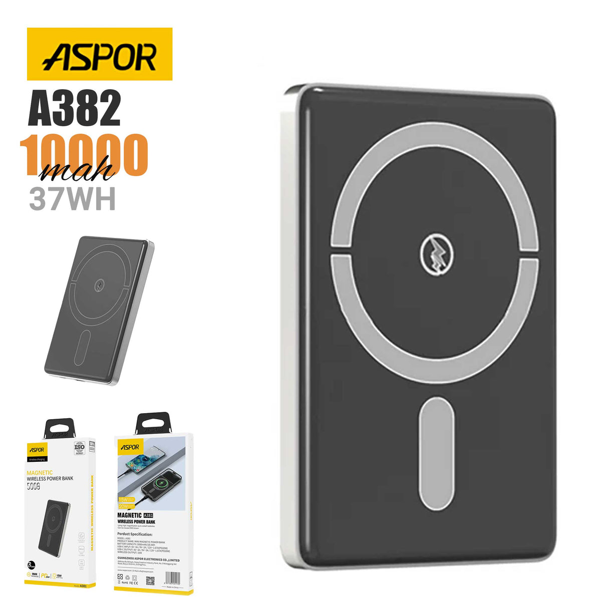 Aspor A382 Wireless Magnetic Portable Mini Power Bank 10000mAh 37Wh