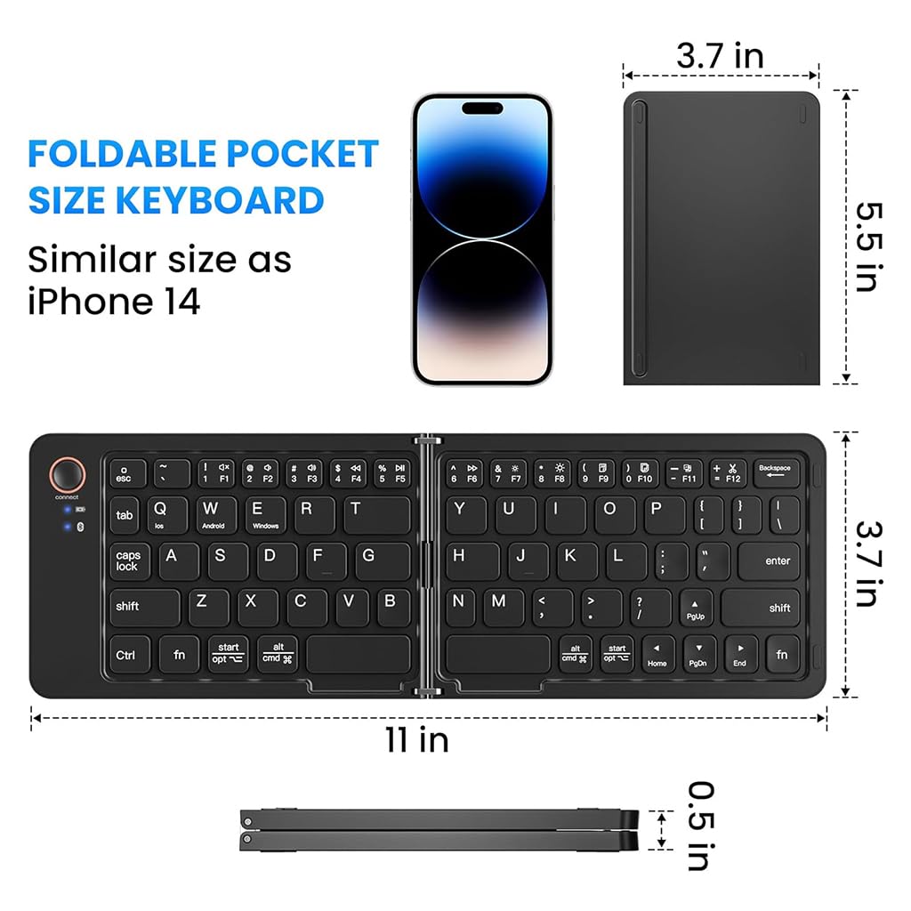 B023 11-Inch Foldable Rechargeable Bluetooth Keyboard (Black)