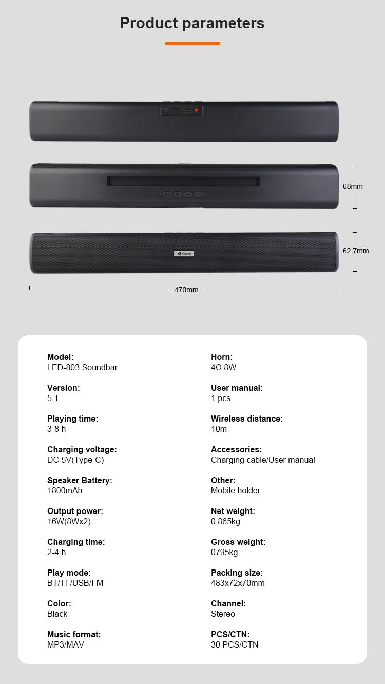 Kisonli LED-803 16W Wireless Bluetooth Portable Soundbar Speaker