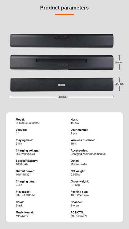 Kisonli LED-803 16W Wireless Bluetooth Portable Soundbar Speaker