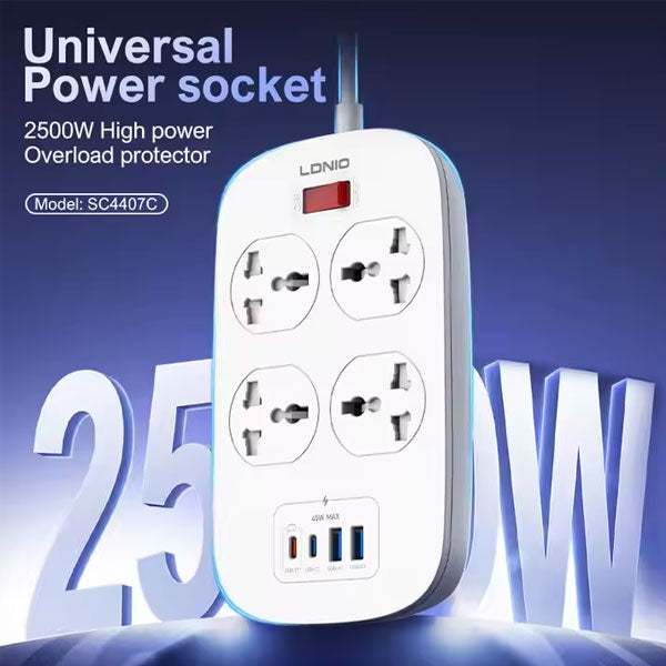 LDNIO SC4407C 2500W Power Extension – 4 Sockets, 2 USB-A + 2 USB-C, 2M