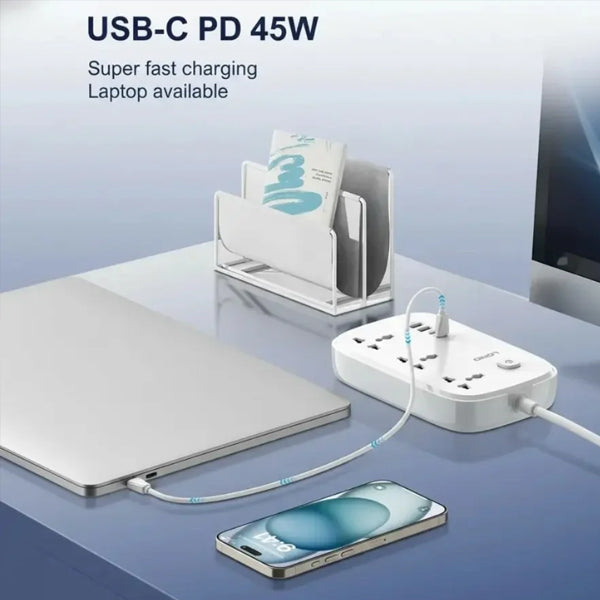 LDNIO SC6 45W GaN Fast Charging Power Strip – 3250W, 3 Sockets, 2 USB-A + 2 USB-C, 2M