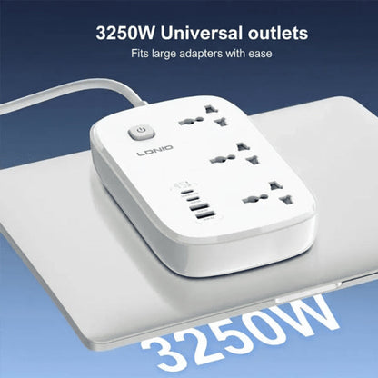 LDNIO SC6 45W GaN Fast Charging Power Strip – 3250W, 3 Sockets, 2 USB-A + 2 USB-C, 2M