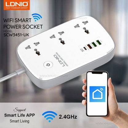 LDNIO SCW3451 2500W WiFi Smart Power Extension – 3 Sockets, 1 USB-C + 3 USB-A